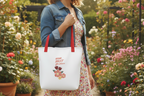 Person holding a white tote bag with red handles and floral design in a garden setting