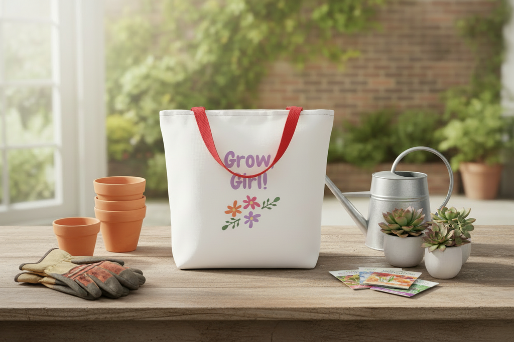 Tote bag with 'Grow Girl!' text on a table with gardening items