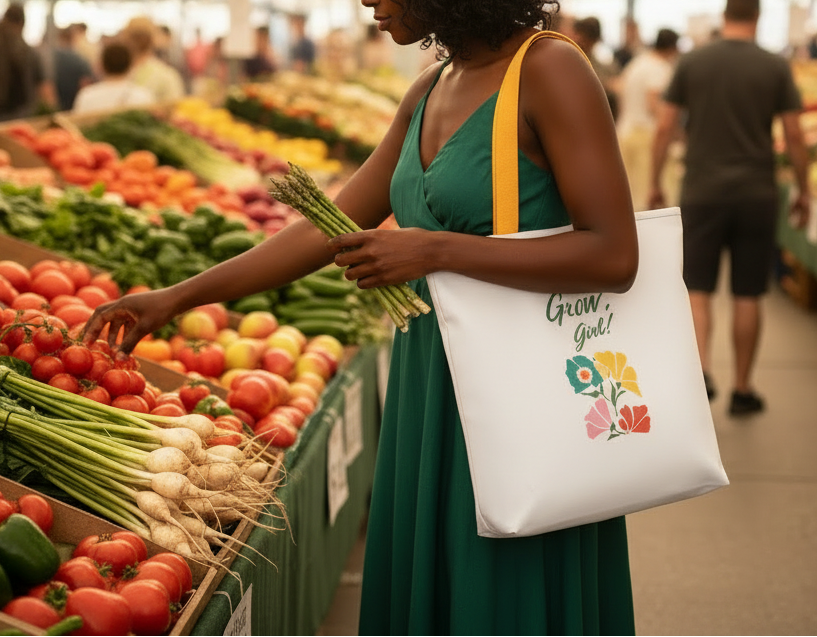 Woman shopping in a grocery store with a tote bag that says 'Grow Girl!'.