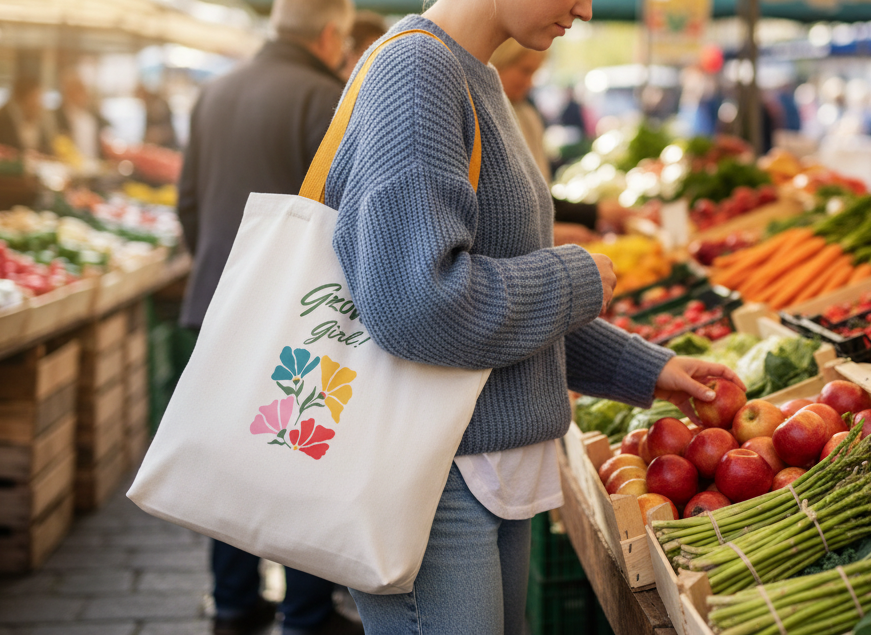 Person shopping at a market with a reusable tote bag