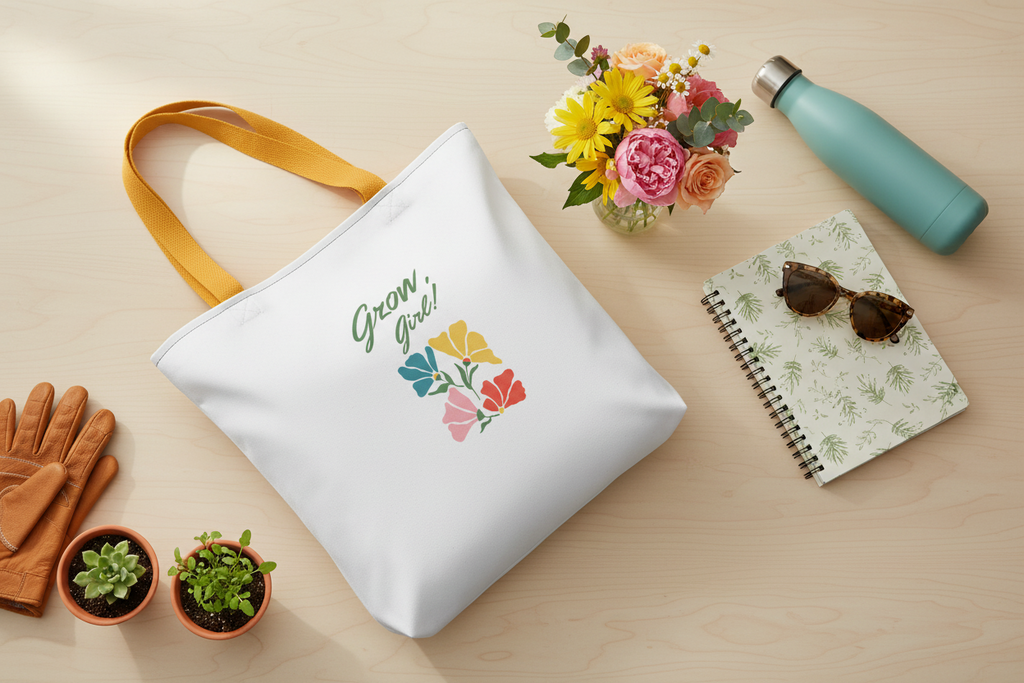 White pouch with floral design and text, placed on a wooden surface with plants, gloves, and a water bottle.
