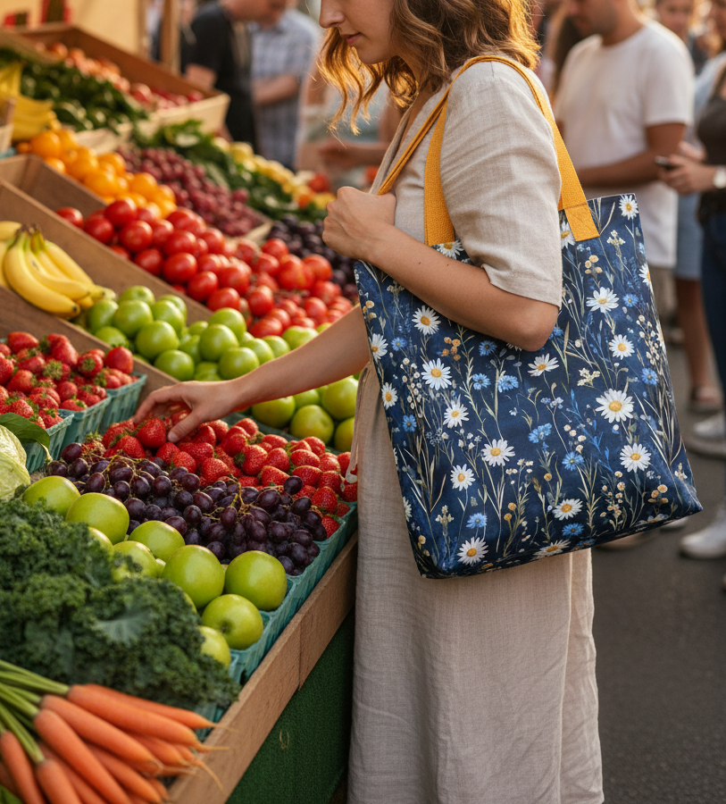 Woman shopping at a farmers market with a floral tote bag.