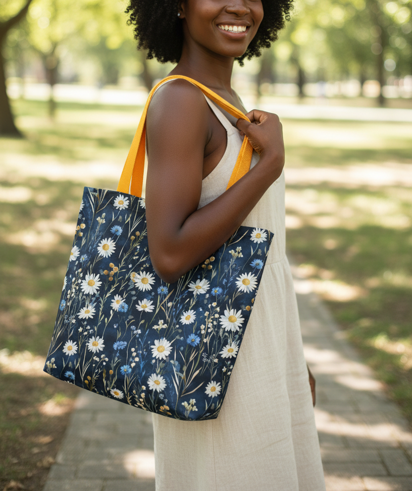 Woman holding a floral tote bag in a park