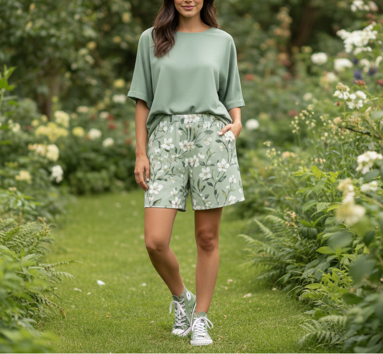 Woman wearing a green outfit with floral shorts in a garden setting