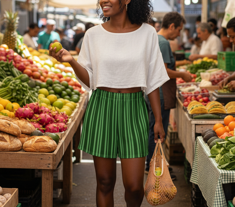 Woman shopping at an outdoor market with produce and bread displayed.