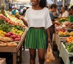 Woman shopping at an outdoor market with produce and bread displayed.
