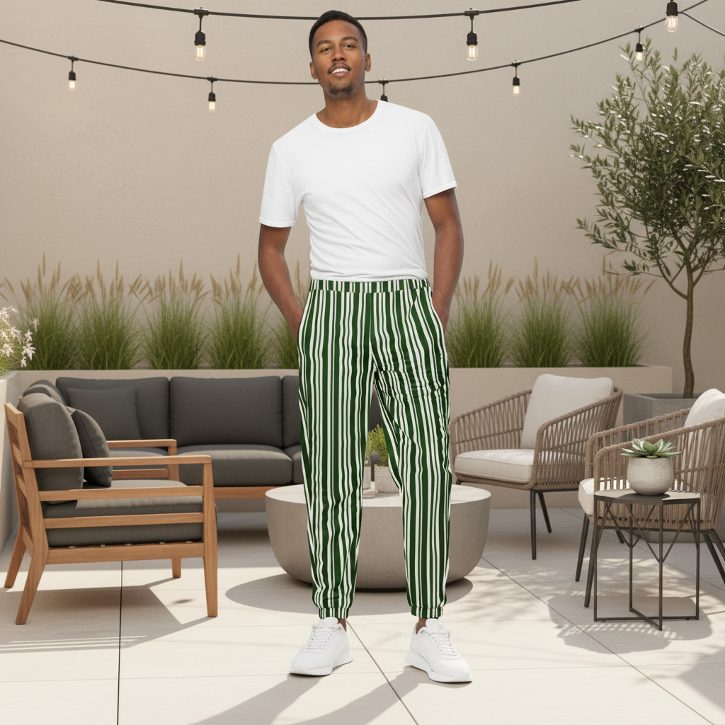 Man wearing a white t-shirt and green striped pants on a white background