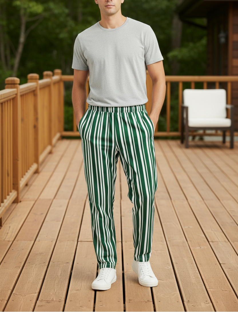 Green and White striped track pants