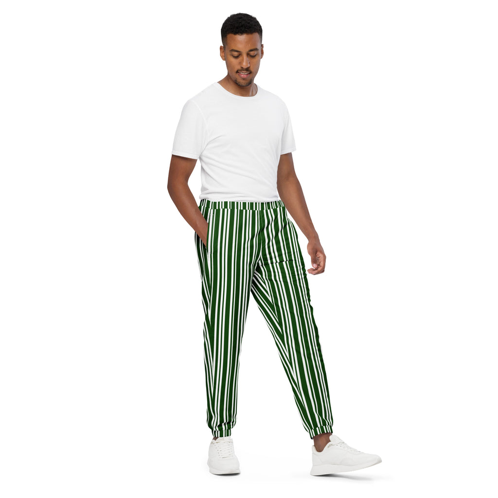 Man wearing a white t-shirt and green striped pants on a white background
