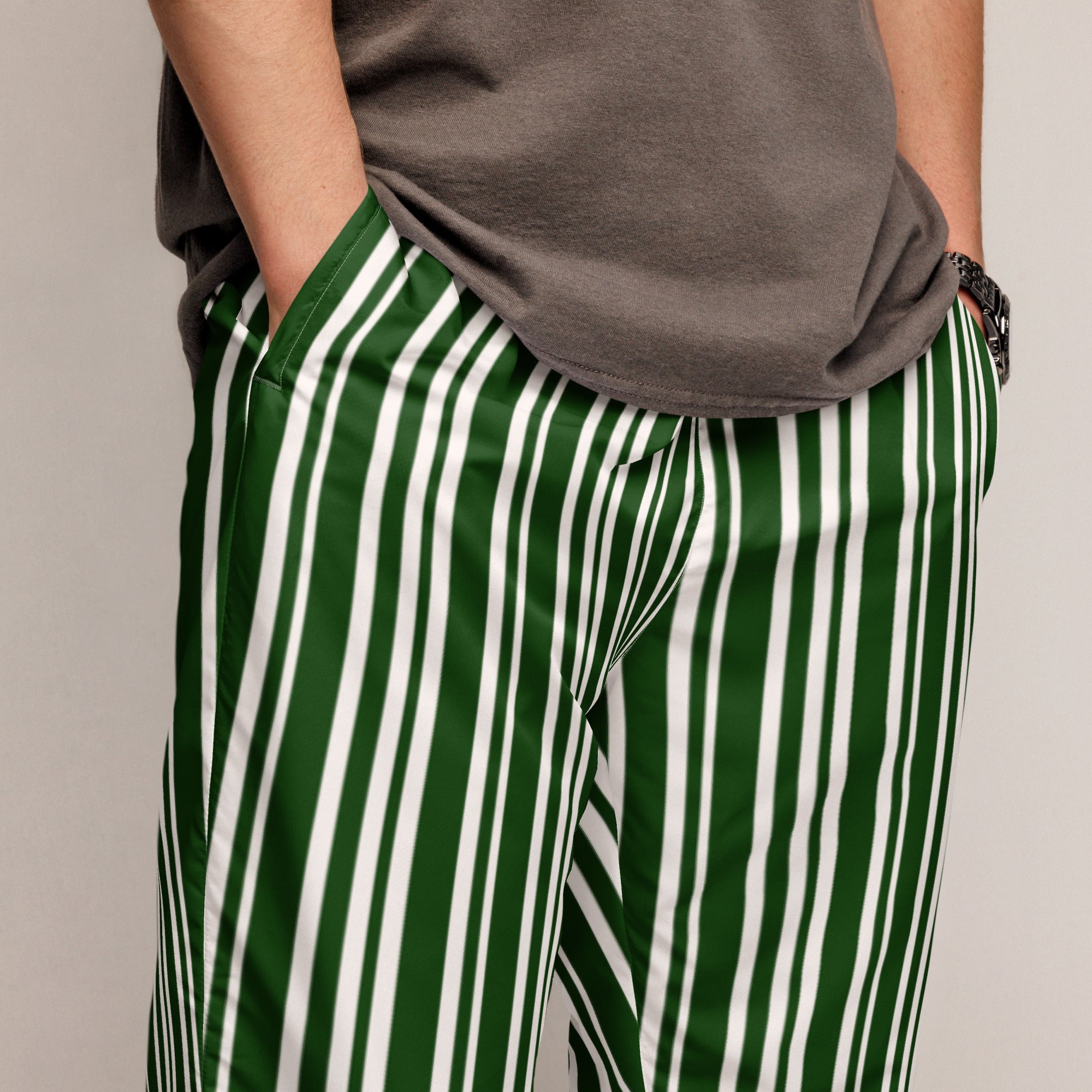 Green and White striped track pants