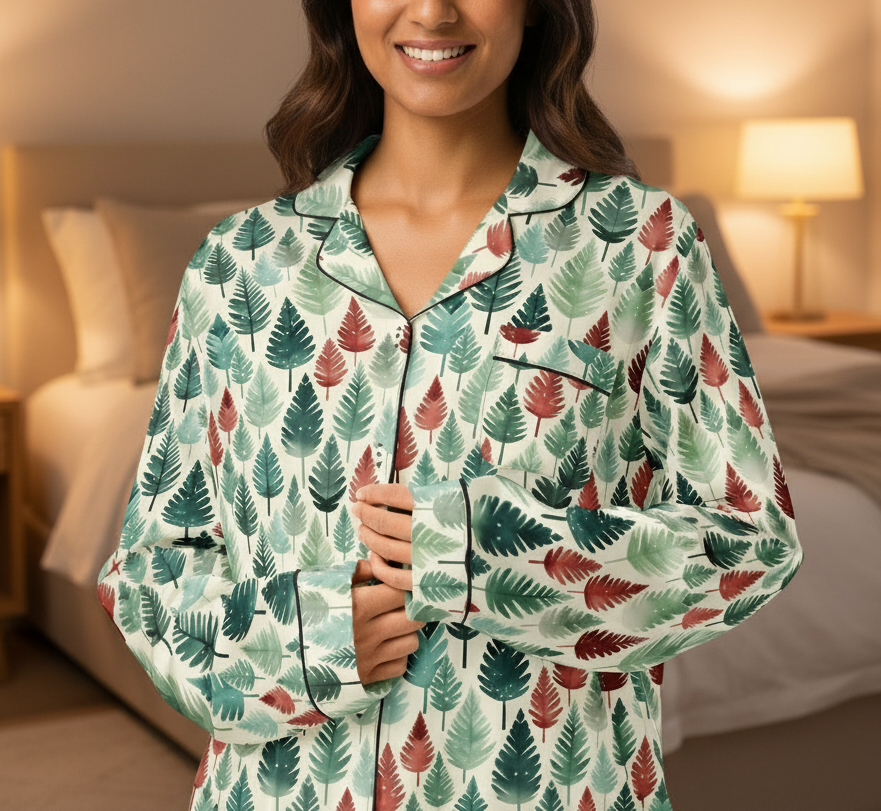 Woman wearing a leaf-patterned pajama set in a bedroom setting