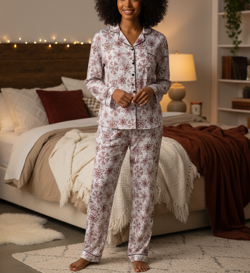 Woman wearing a floral pajama set in a cozy bedroom.