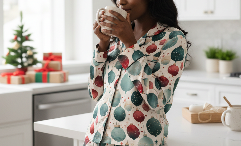 Woman in a patterned pajama top drinking from a mug in a kitchen with Christmas decorations.