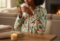 Person in floral pajama sitting at a table with a candle and books, holding a mug.