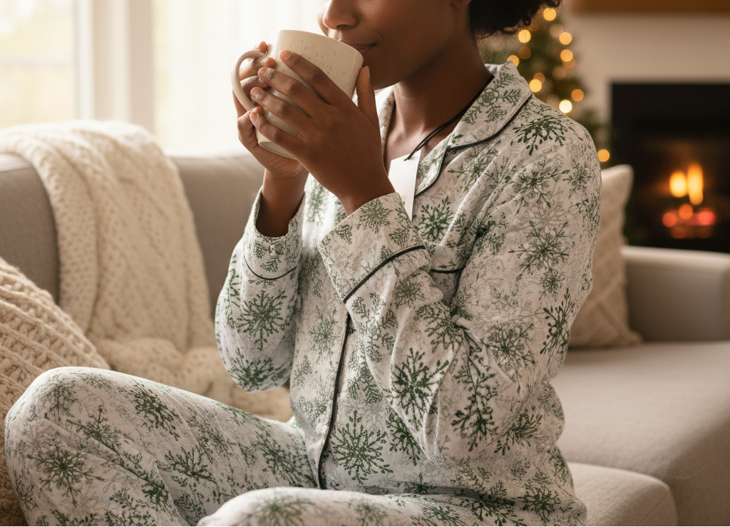 Person wearing a white and green pajama set, sitting on a couch with a Christmas tree and fireplace in the background.