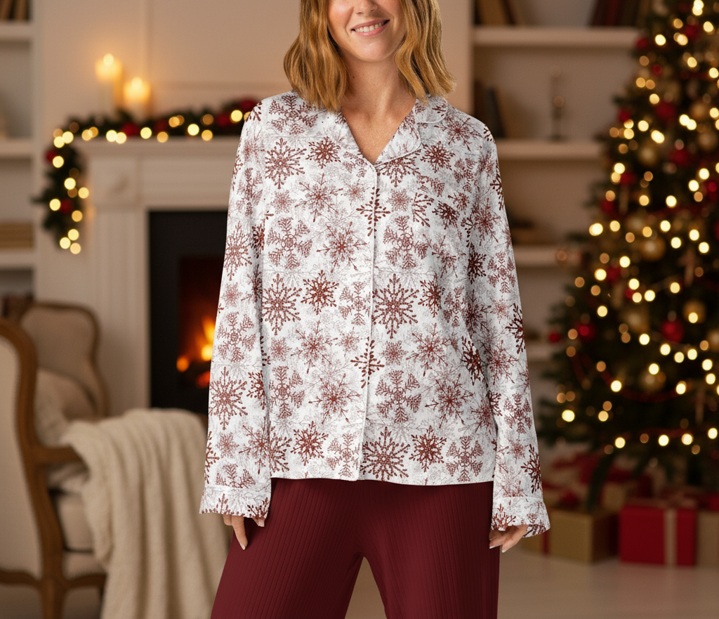 Woman wearing a patterned shirt in a festive living room with Christmas decorations.