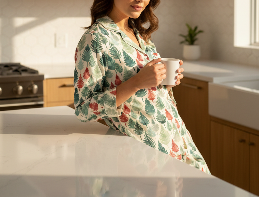 Woman in a floral robe holding a mug in a kitchen.