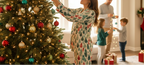 Family decorating a Christmas tree in a cozy living room.