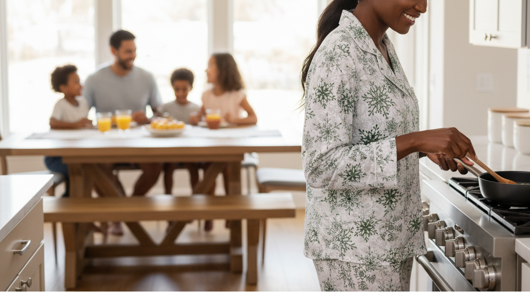 Woman cooking in a kitchen with a family sitting at a table in the background