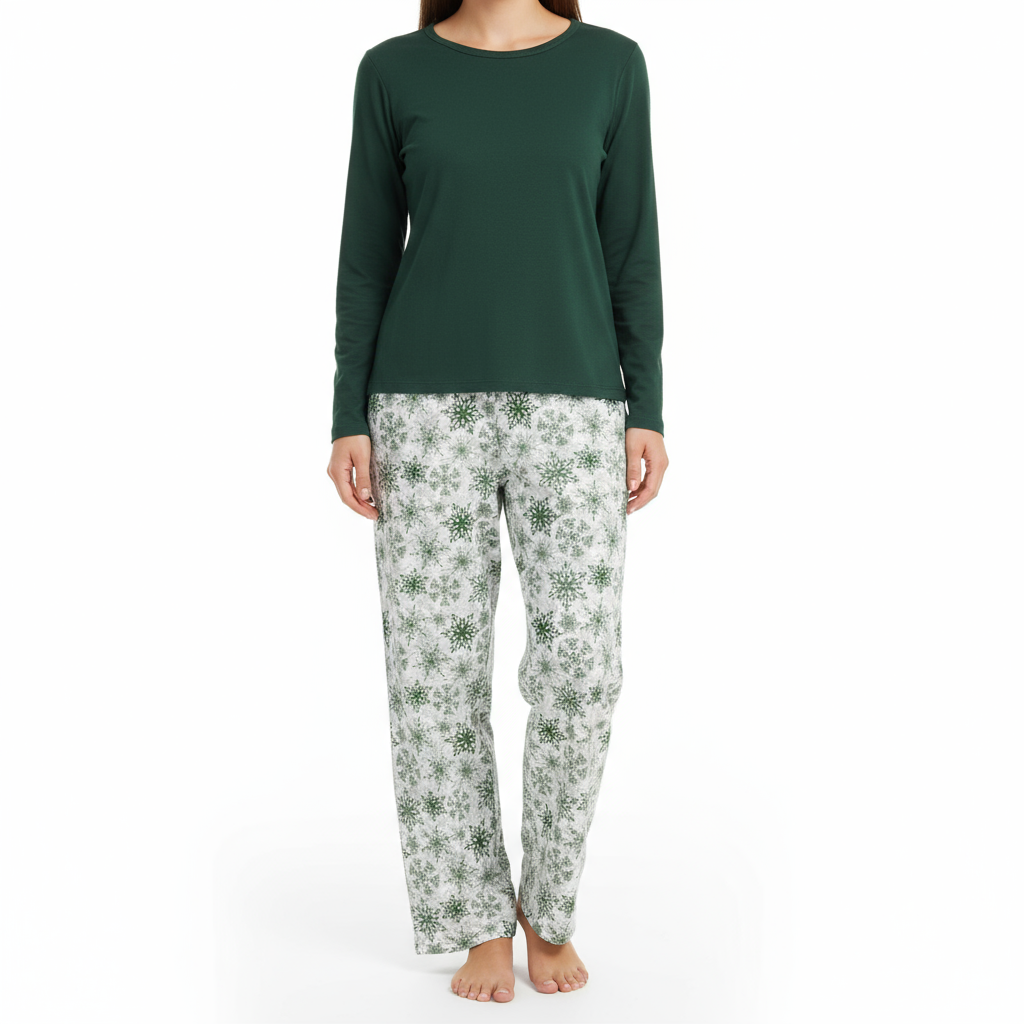 Person wearing a green long-sleeve top and floral pajama pants on a white background