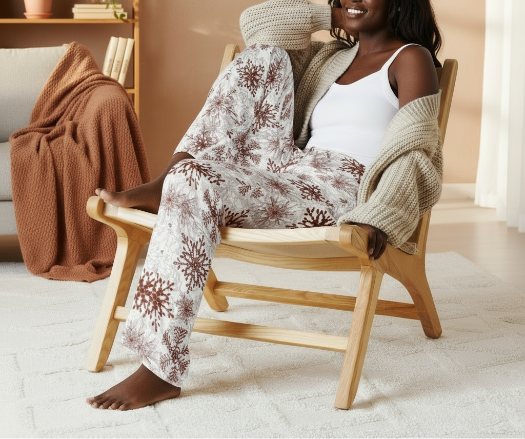 Woman sitting in a chair wearing a white tank top and patterned pants in a cozy living room.