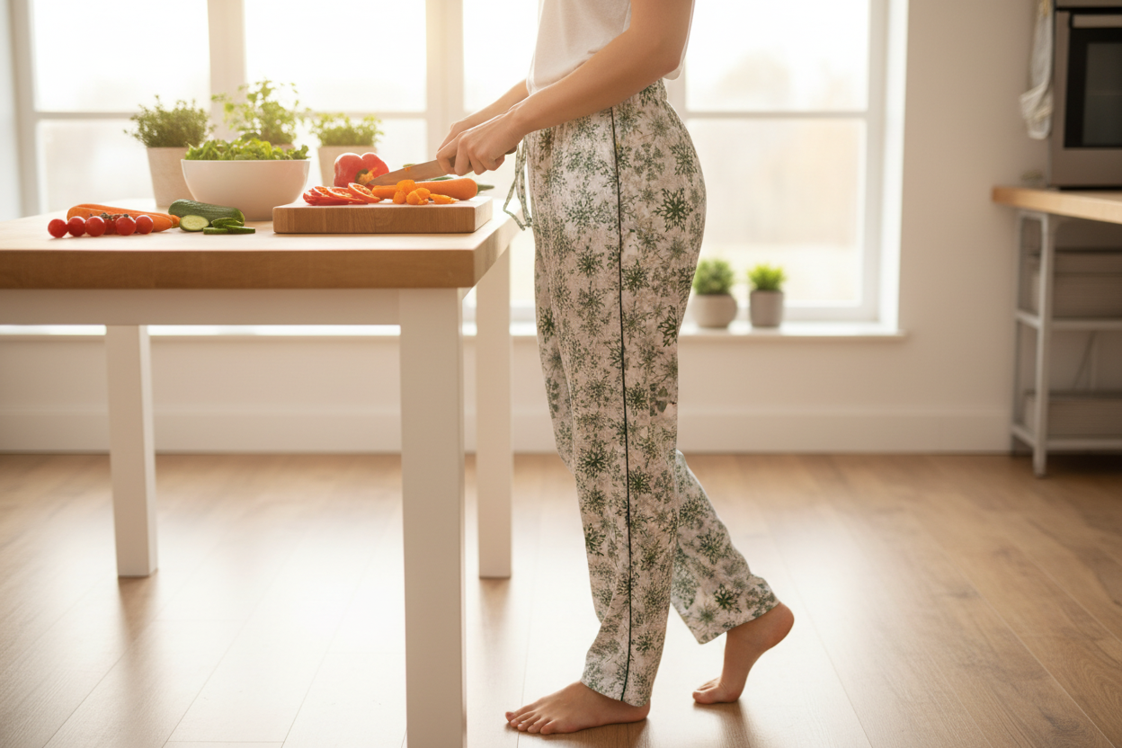 Person in floral pajama pants standing in a kitchen preparing vegetables.