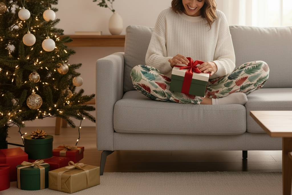 Person sitting on a couch with a gift in a festive living room.