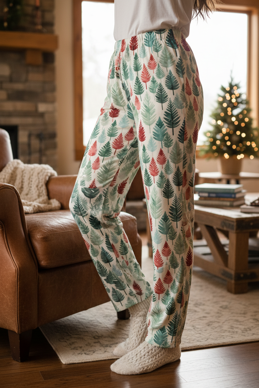 Woman in festive pajama pants sitting on the floor with Christmas presents in a decorated living room.