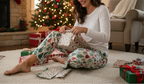 Woman in festive pajama pants sitting on the floor with Christmas presents in a decorated living room.