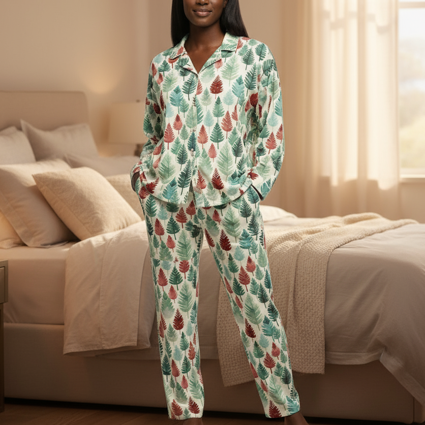 Person wearing a patterned pajama set in a bedroom setting
