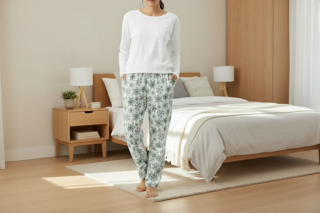 Person wearing a white long-sleeve top and green floral pajama pants in a bedroom.