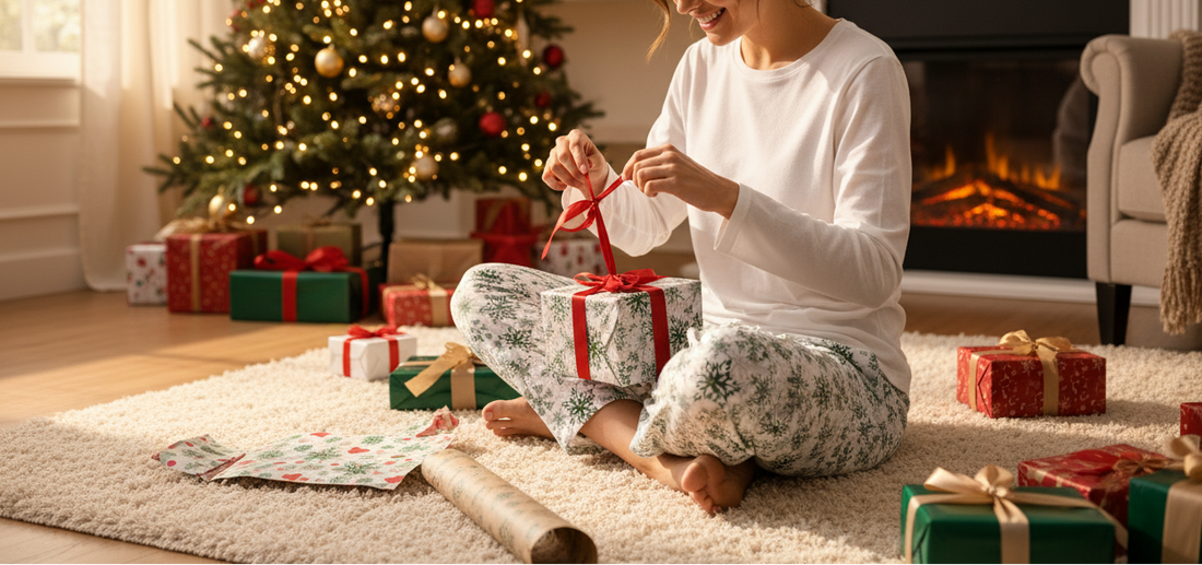 Person in pajamas sitting on the floor wrapping a gift in a cozy living room with a Christmas tree and fireplace.