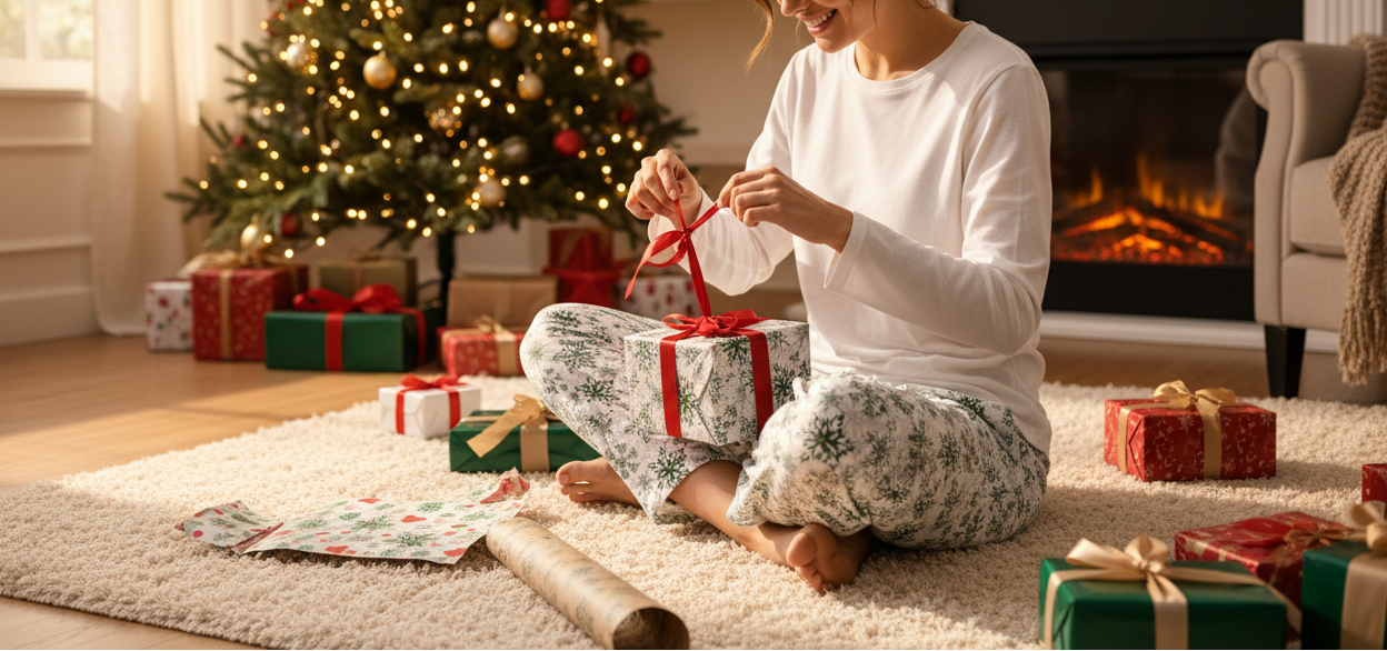 Person in pajamas sitting on the floor wrapping a gift in a cozy living room with a Christmas tree and fireplace.