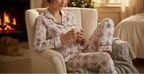 Person wearing floral pajamas sitting on a couch by a fireplace.