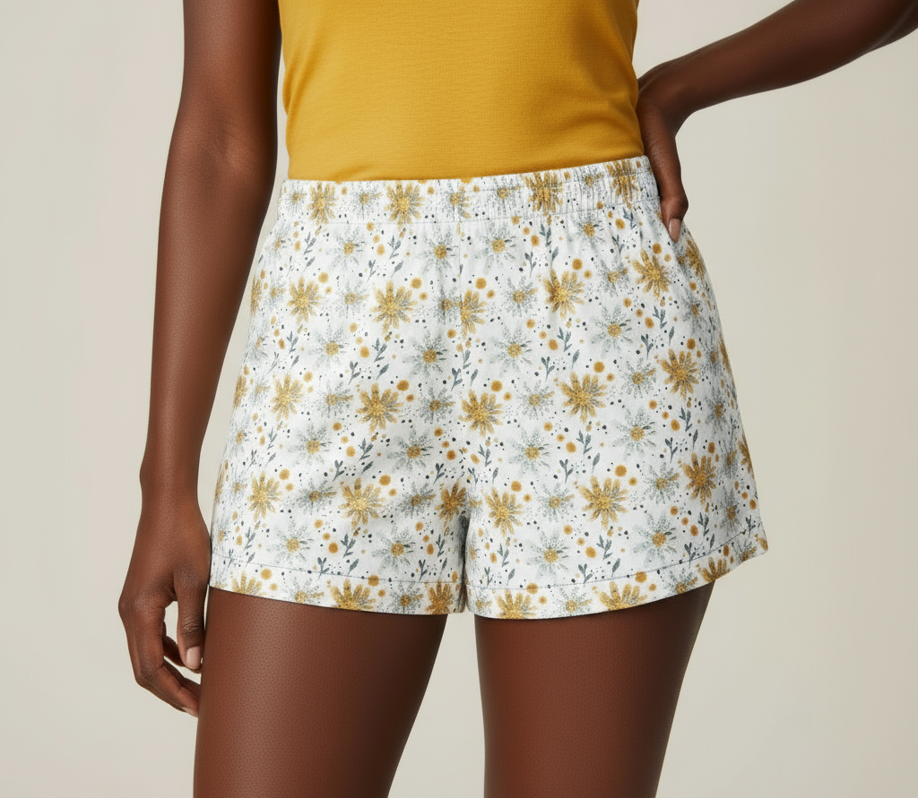 Person wearing a mustard yellow top and floral shorts on a beige background