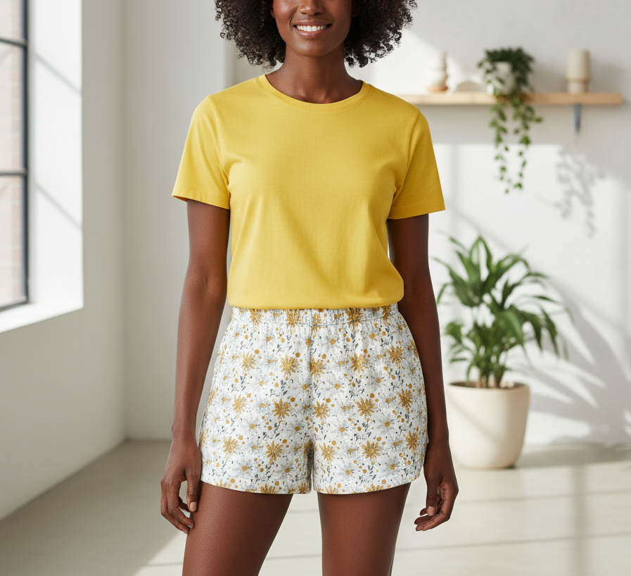 Woman wearing a yellow t-shirt and floral shorts in a bright room with plants.