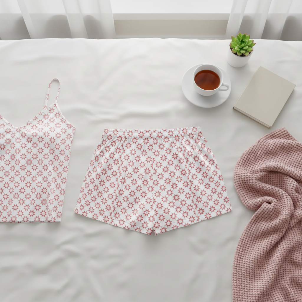 Floral-patterned top and skirt on a bed with a cup of tea and plant in the background
