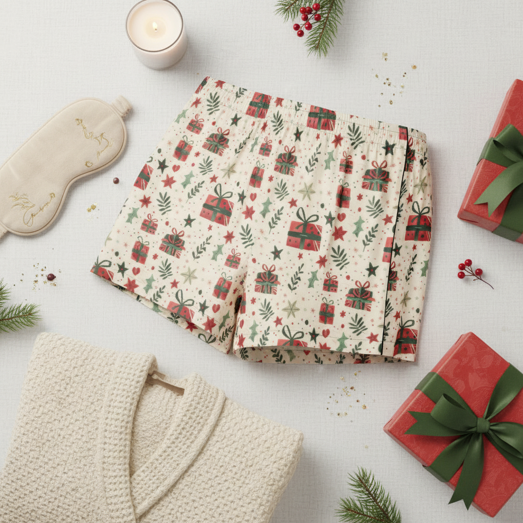 Patterned fabric with Christmas design on a white surface with a gift and candle.