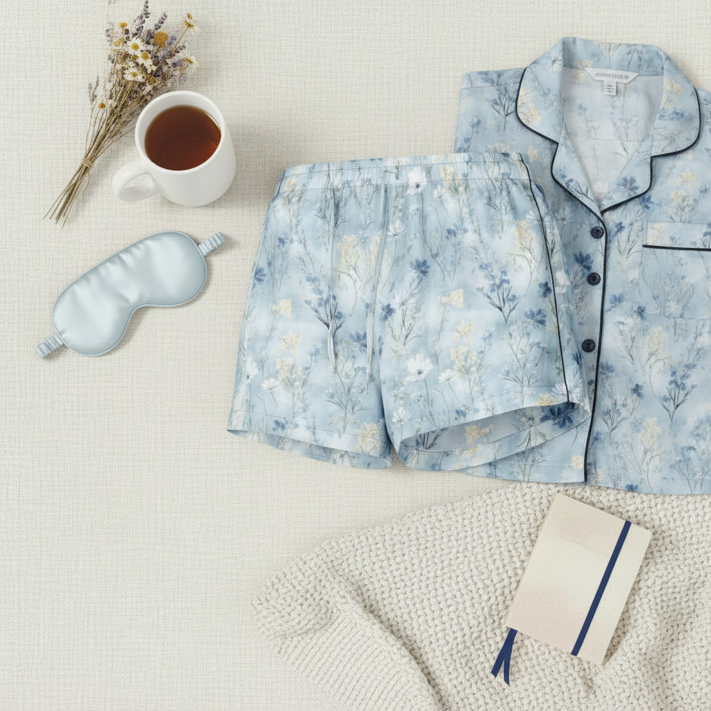 Floral pajama set with eye mask, mug, and notebook on a light surface