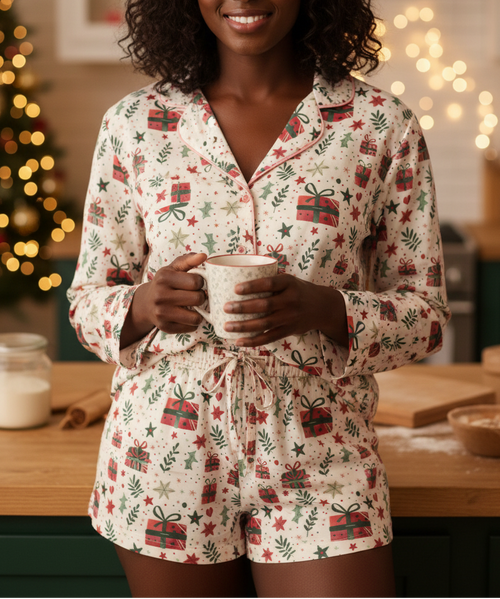 Person wearing a festive pajama set holding a mug in a kitchen with Christmas decorations.