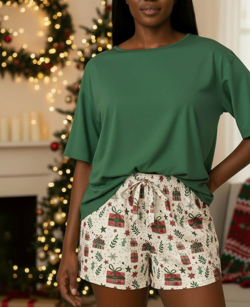 Person wearing a green top and patterned shorts in a festive indoor setting.