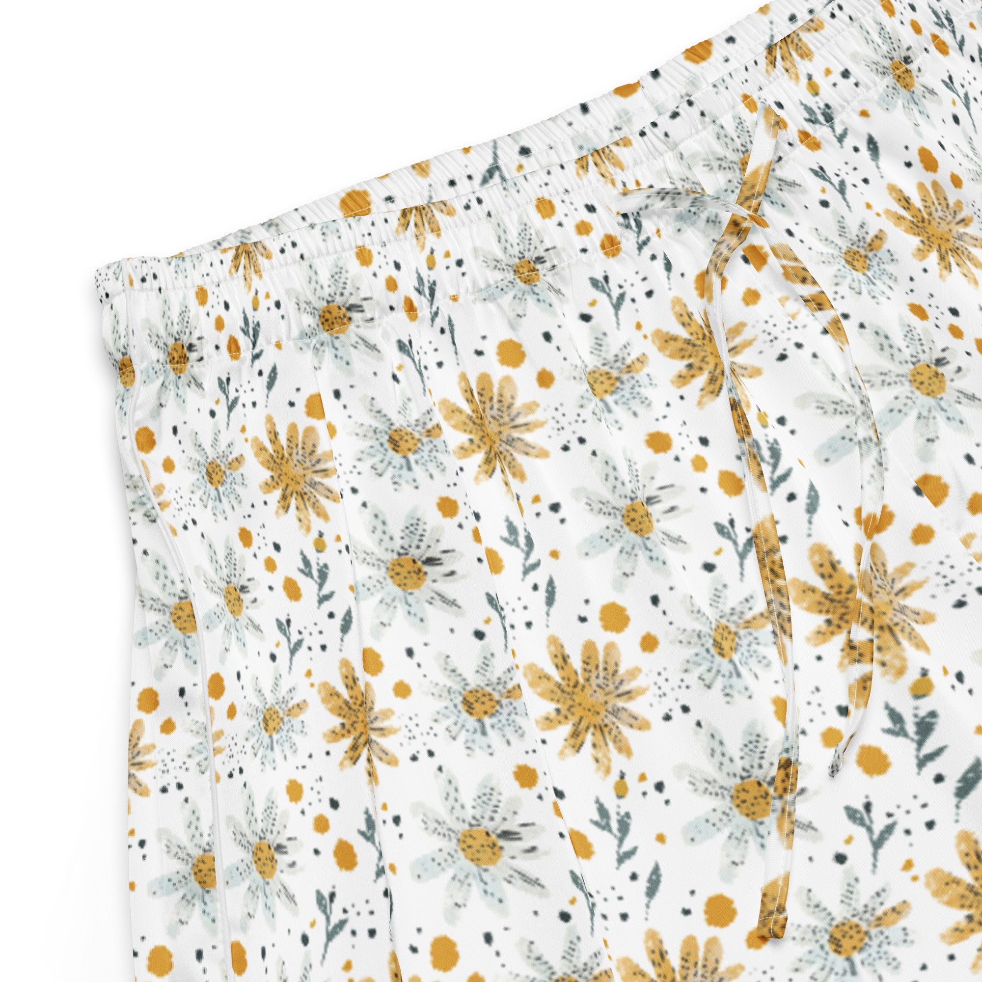 Floral patterned fabric with yellow flowers on a white background