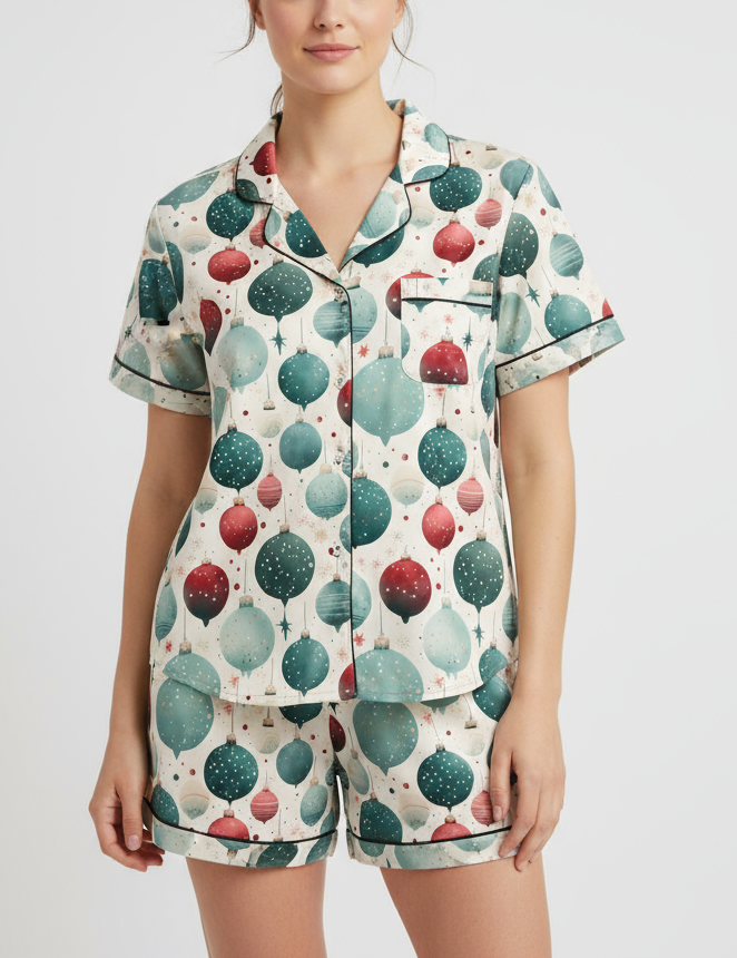 Woman wearing a pajama set with a festive ball pattern on a plain background