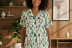 Woman wearing a patterned shirt in a home setting