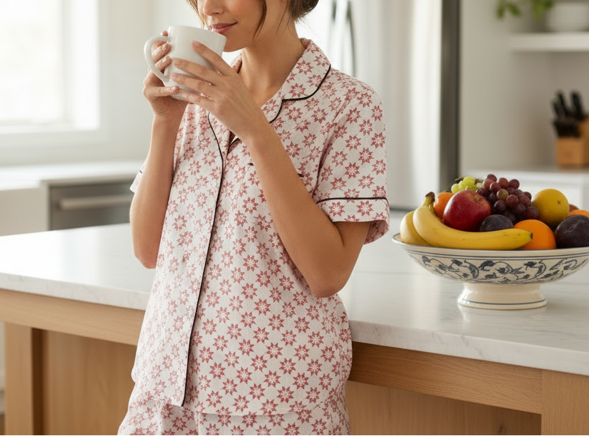 Person wearing a floral pajama set holding a mug in a kitchen.