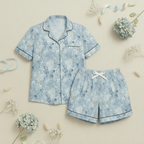 Floral pajama set with matching shorts on a light background