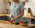 Person in pajamas cutting vegetables on a wooden cutting board in a kitchen.