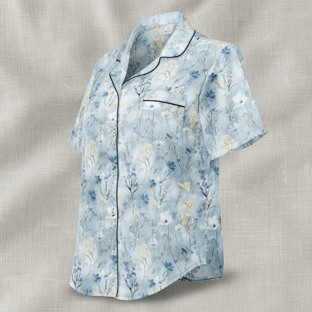 Floral patterned shirt with black piping on a textured beige background