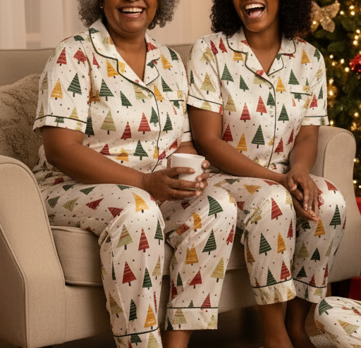 Two people wearing Christmas-themed pajamas sitting on a couch.