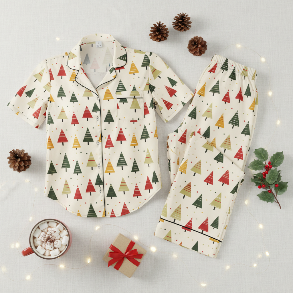Christmas-themed pajama set with tree pattern on a light gray background with decorative elements.